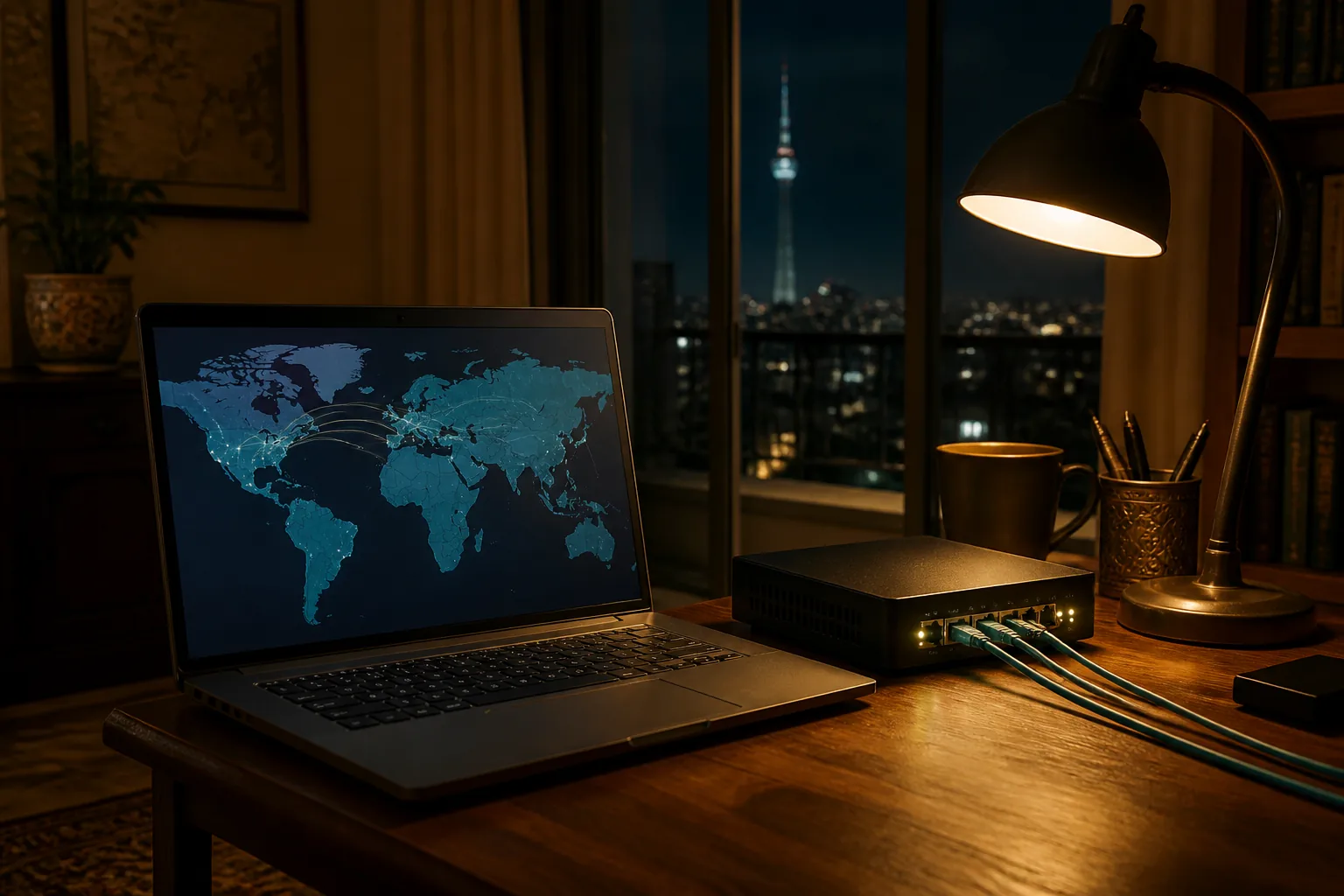 میز کار شبانه با لپ‌تاپ، نقشه مسیر شبکه و کابل اترنت برای راه‌اندازی فیلترشکن قوی
