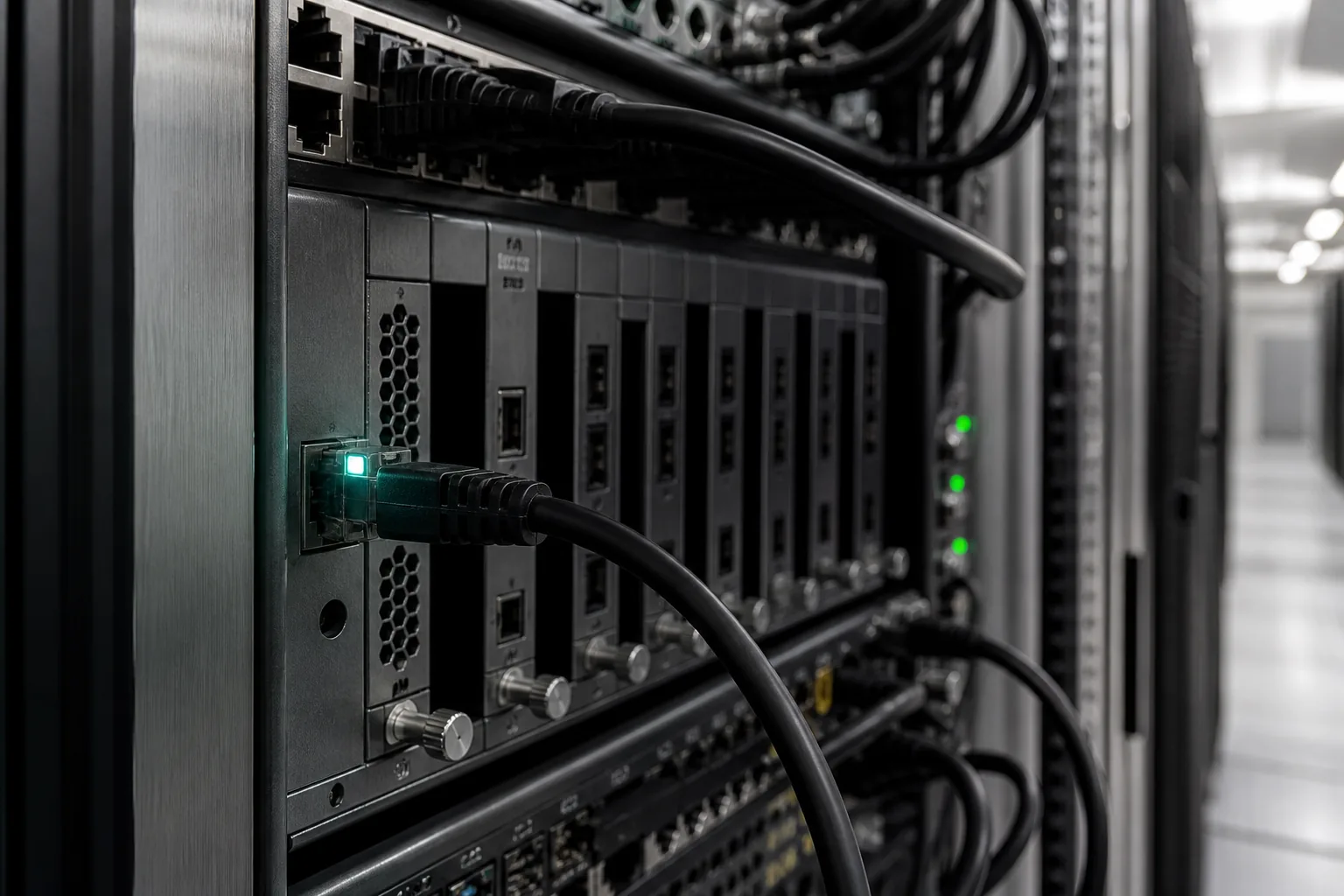 رک سرور دیتاسنتر با کابل شبکه و چراغ لینک ثابت؛ نماد IP اختصاصی VPN